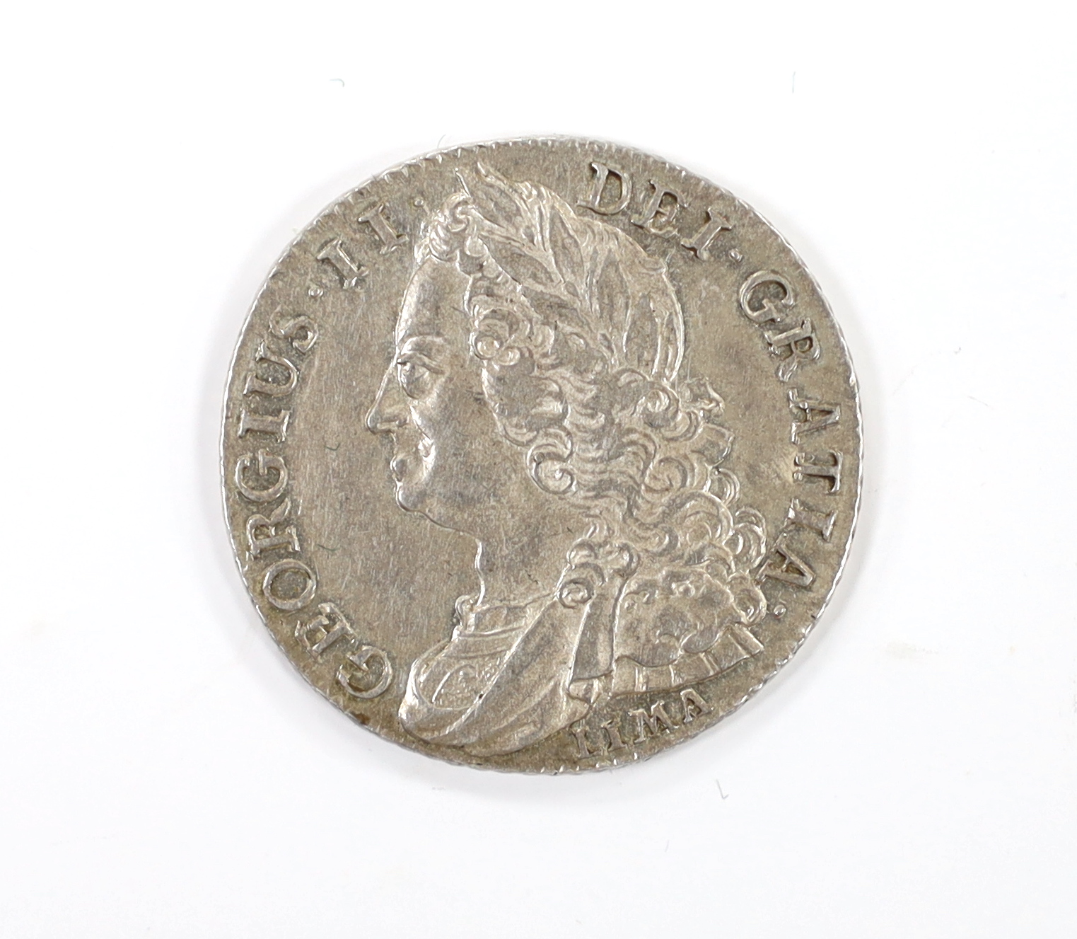 British silver coins, George II Shilling, 1745 lima (S3703), tiny dent to edge at 12 o’clock otherwise EF